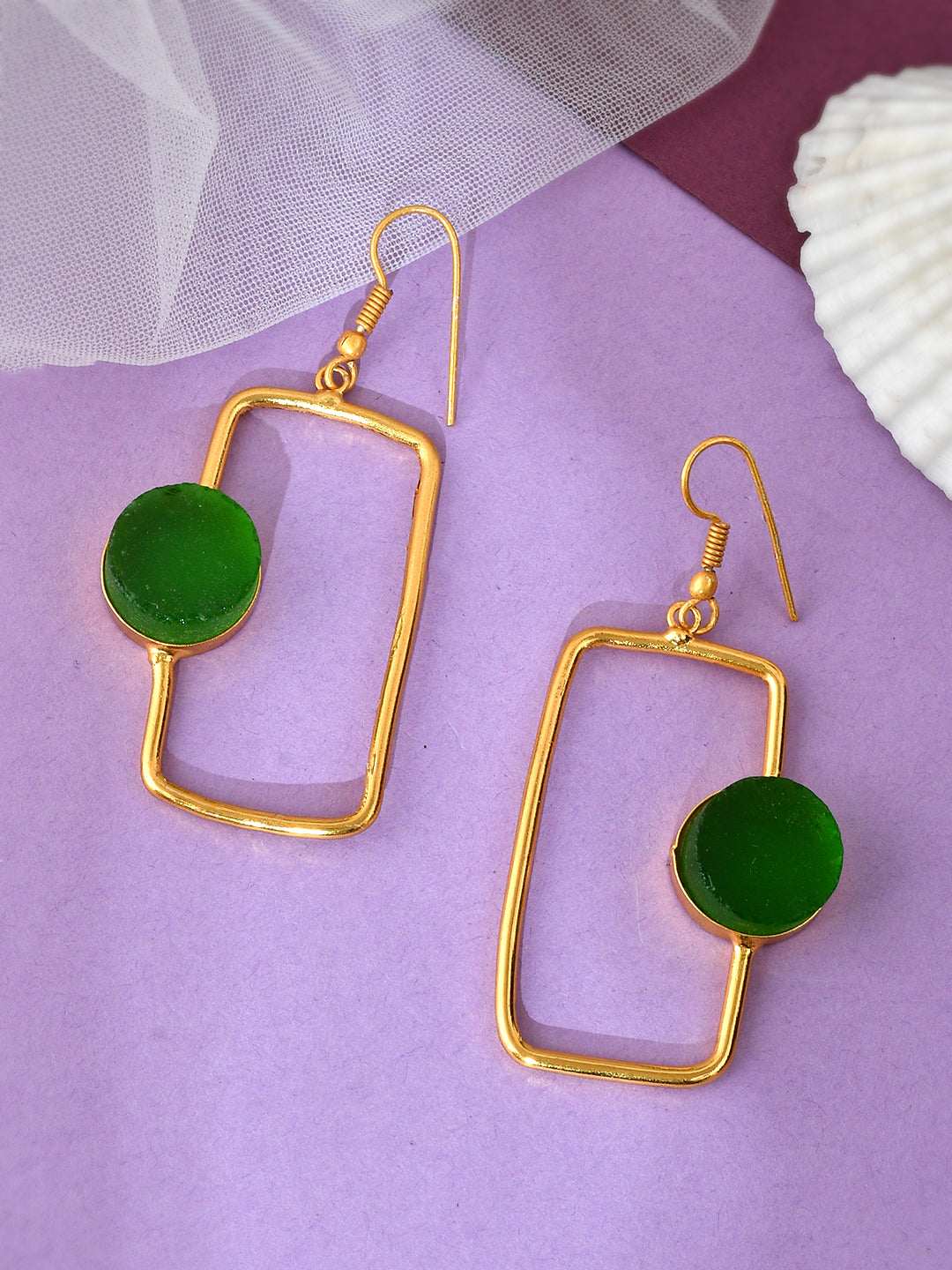 Gold Plated Green Stone rectangle shape Earring
