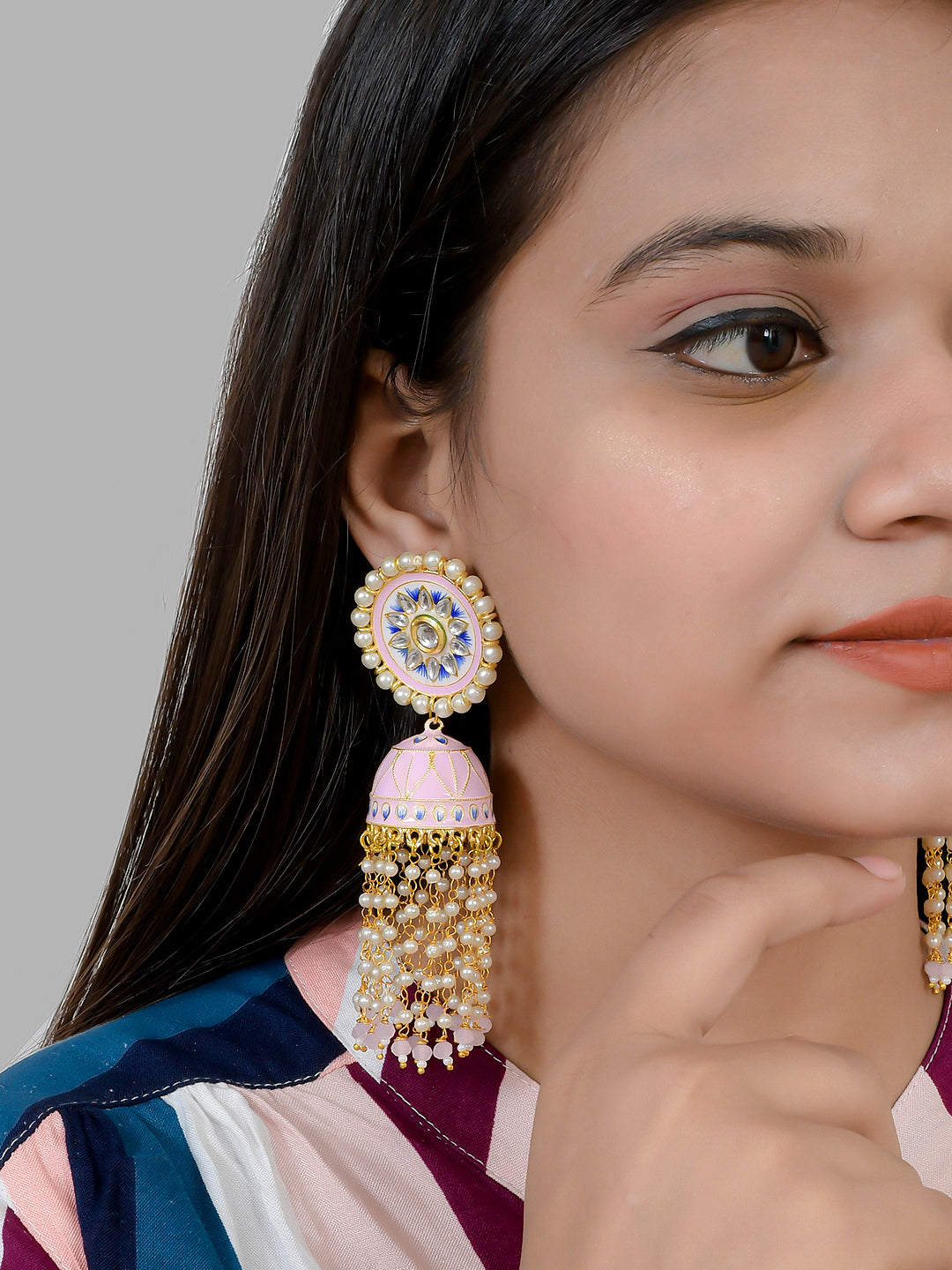 Gold Plated Handpainted Kundan pink Jhumka Earrings